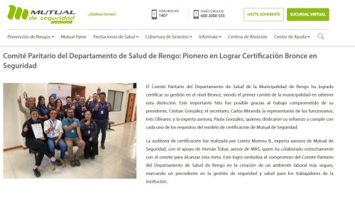 La Mutual de Seguridad Destaca la Certificación Bronce, Que Obtuvo la Dirección de Salud Municipal de Rengo.