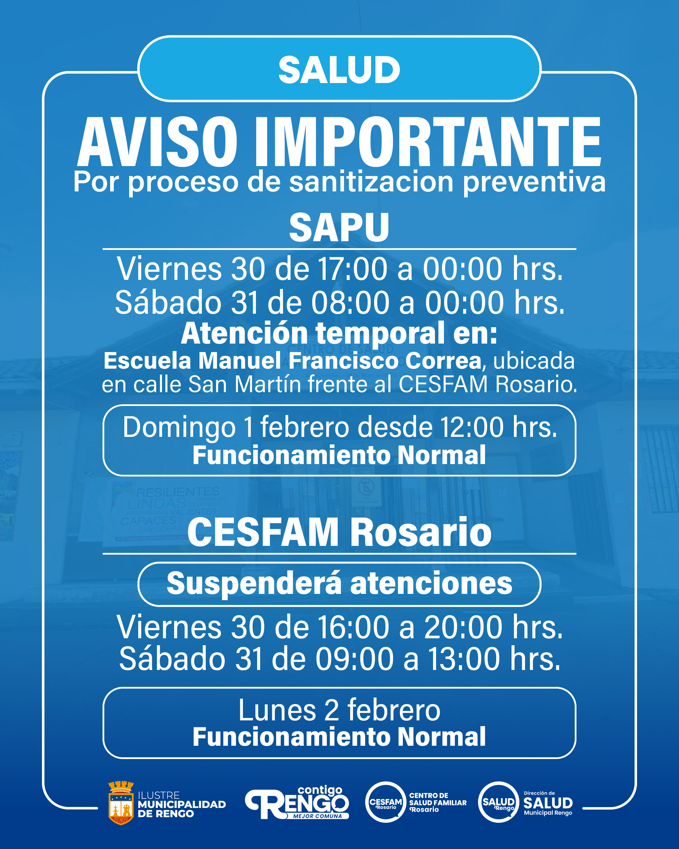 Aviso Importante Sobre Atenciones de SAPU y CESFAM Rosario.